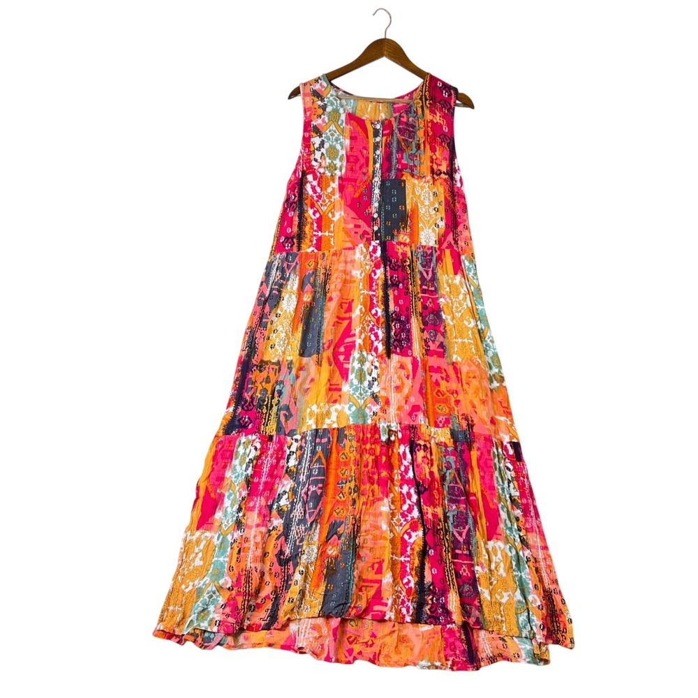 Boho Patchwork Maxi Dress M Tiered Festival Hippie Bohemian Colorful Sleeveless